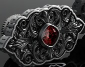 Engraved cuff links with blood red garnet. 14kt European gold and 925 English Sterling. Large ornate damask steampunk gothic victorian mens.
