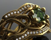Organic Woven Elven knot work woven engagement ring with Zelda Green diamond in heavy 18kt satin European yellow gold. Unusual wedding band
