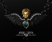 Memento Mori Cherub Angel Raven Wing Necklace Pendant. 14kt European Gold Diamond Ravens Wings on Sterling Silver Chain. Mourning Jewelry.