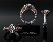 Platinum & 18kt rose red pink gold. Diamond baroque, two tone floral engagement ring. Intricate engraved filigree heavy perfect. 1 carat.