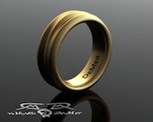 Raku style slumped pottery texture heavy 14kt yellow gold wedding band. Organic flowing sculpted ring. Wabi Sabi wedding band men or women.