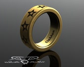 Star Wedding Band. Heavy solid 14kt European gold. Black gold rhodium, thick wide wedding ring. Customizable Rock Star Engraved Mens ring.