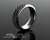 Knurled pressed glass textured wedding band. Vintage punch cup. Heavy white gold 8mm mens wedding ring. Comfort fit classic wide band.