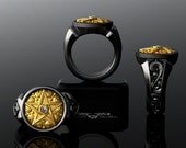 Supernatural Ring. Diamond Arra Star, Pentagram, Pentacle, Crowley. Black Silver and 14kt solid gold. secret society magick wiccan gothic