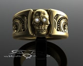 Skull wedding band. Wide solid 14kt gold and diamonds. Scrollwork Wayward Steampunk Victorian Western engravings. Wide Mens Skull Ring.