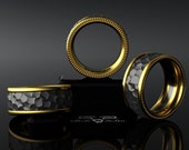 Hammered 14kt European Yellow Gold, Black Silver Wedding Band Mens Ring. Granulated Luxury Weight Comfort Fit. Contemporary Luxe Rustic!