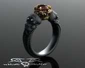 Skull engagement ring with red diamond in solid blackened 14kt gold. Gothic engagement ring. Shared breath. Spooky Jewelry. Amethyst Eyes