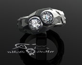 Two stone 1 cttw colorless VS diamond modern contemporary engagement ring. 18k Organic chiseled crystal habit mens & womens. Diamond Pair.