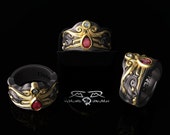 Intricate 14kt European Yellow Gold, Black Silver, Ruby and Diamond Fashion or Engagement Mens or Ladies Ring. DeMer Jewelry Vollmacht.