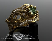 Organic Woven Elven knot work woven engagement ring with Zelda Green diamond in heavy 18kt satin European yellow gold. Unusual wedding band