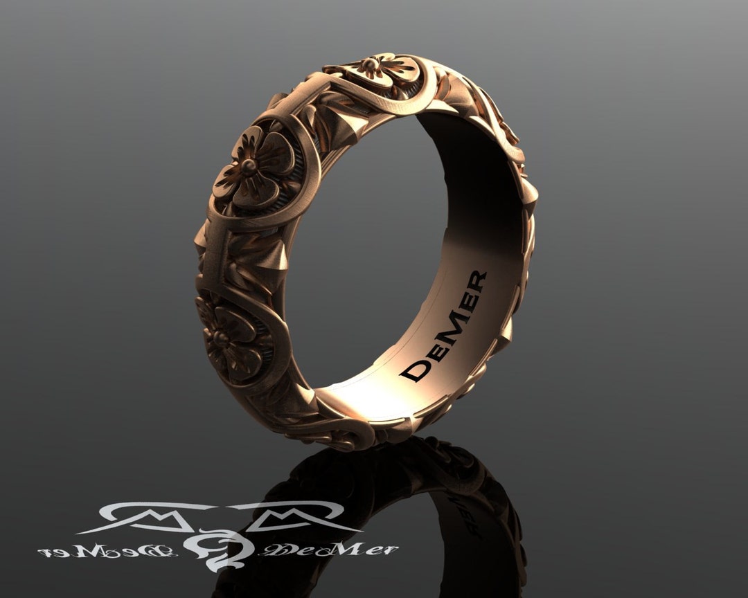 Floret Pattern Heavy Sculpted 14kt Rose Gold Wedding Ring. Carved ...