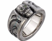 Skull wedding band. Wide solid 14kt gold and diamonds. Scrollwork Wayward Steampunk Victorian Western engravings. Wide Mens Skull Ring.
