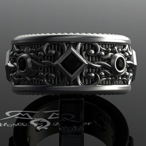 Black diamond mens eternity band. Wide sterling wedding band. Steampunk Victorian Gothic black gold ring with milgrain and engraving. Heavy. image 3