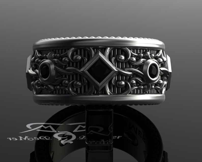 Black diamond mens eternity band. Wide sterling wedding band. Steampunk Victorian Gothic black gold ring with milgrain and engraving. Heavy. image 3