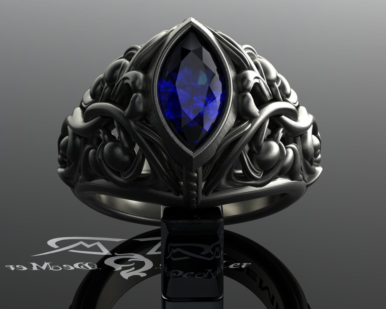 上質なブルー サファイア 14kt ブラック ゴールド エンゲージ リング