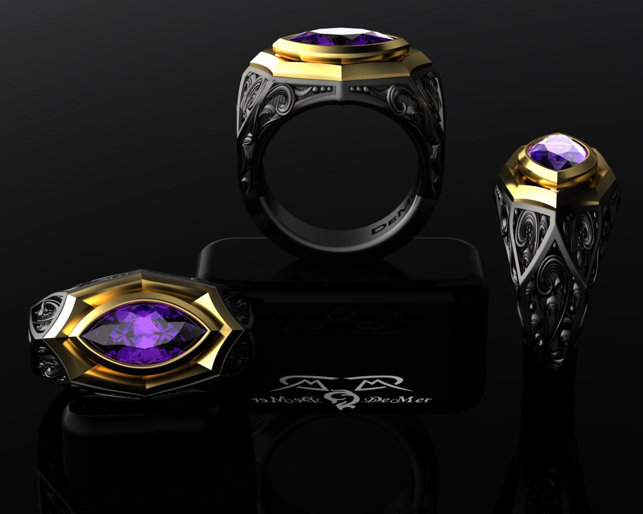 Cigar Band Ring. 14k european gold black silver. garnet | Etsy