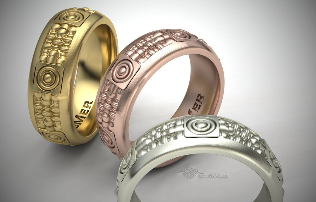 Spindles 8mm Wide Wedding Band Craftsman Style. Solid 14kt White Rose