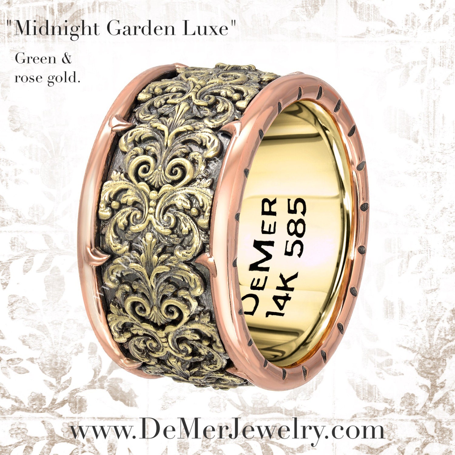 Ornate 14kt wide band ring. Detailed damask in solid antiqued