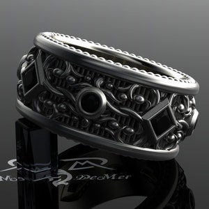 Black diamond mens eternity band. Wide sterling wedding band. Steampunk Victorian Gothic black gold ring with milgrain and engraving. Heavy. image 4