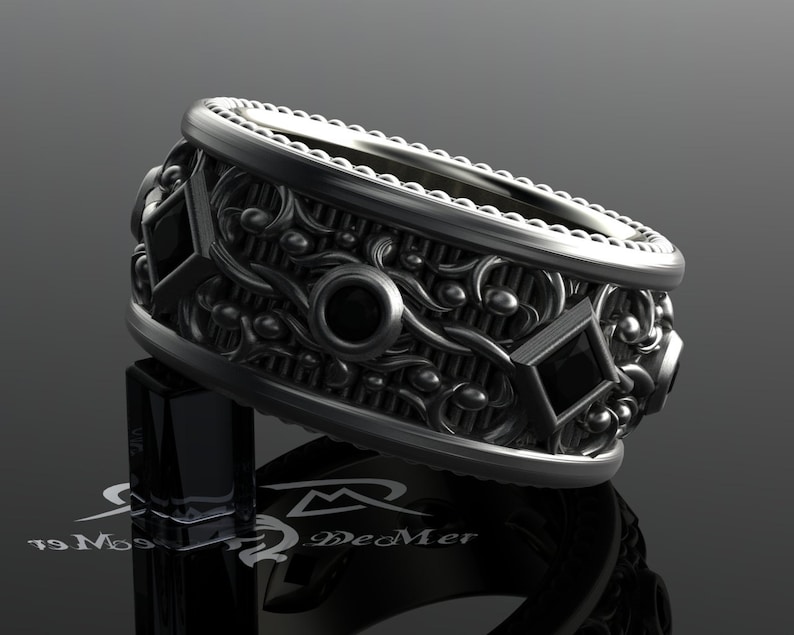 Black diamond mens eternity band. Wide sterling wedding band. Steampunk Victorian Gothic black gold ring with milgrain and engraving. Heavy. image 4