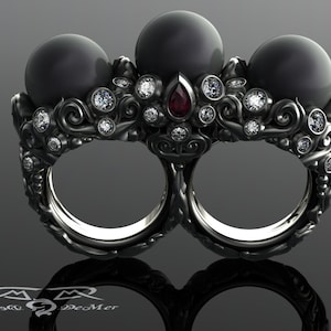 Two Finger Stunning Tahitian Black Pearl, 18kt White Gold, Colorless Ideal Cut Diamond, & Blood Red Ruby Vintage Scroll Cocktail Ring!