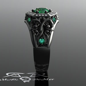 Unique emerald engagement ring in black gold. Art Deco halo and Victorian Gothic filigree scrollwork with ideal cut diamonds. Corvus Ring. image 6
