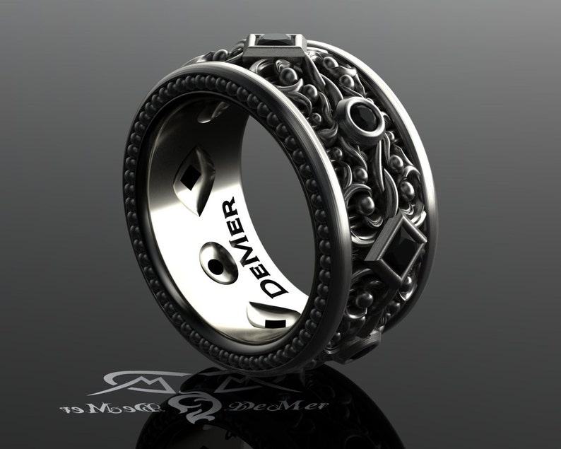 Black diamond mens eternity band. Wide sterling wedding band. Steampunk Victorian Gothic black gold ring with milgrain and engraving. Heavy. image 1