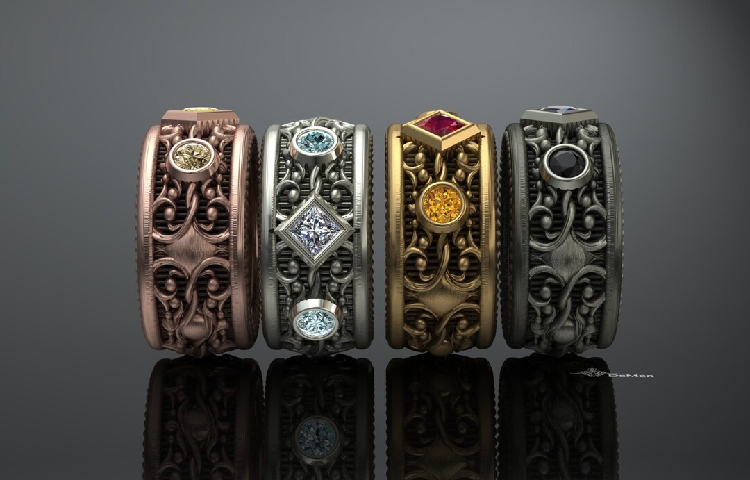 Gothic Wedding Band. Wide Scroll Work Ring With Diamond Ruby Sapphire