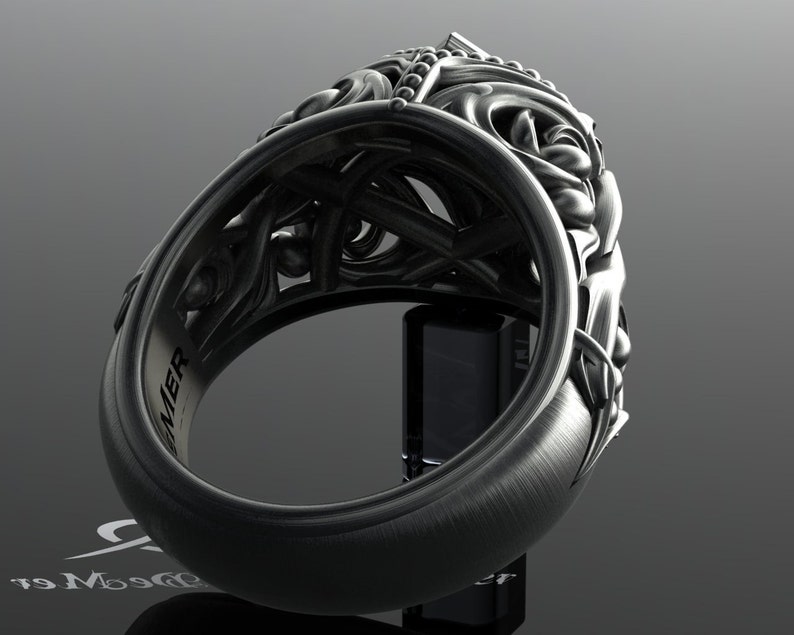 Princess diamond 14kt Black Gold Engagement Ring. Scrollwork filigree Gothic Victorian vintage. Unique intricate steampunk solitaire ring. image 4