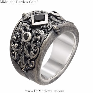 Heavy engraved sculpted unique mens wide black diamond and English Sterling Silver ring. Victorian Steampunk Wedding Ring. Big mens diamond.