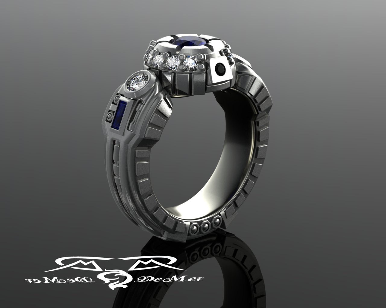 R2D2 Engagement Ring in Hypoallergenic Grey Gold With Diamonds and Very Fine Blue Sapphires. the Most Durable Star Wars Wedding Ring in 14k Etsy UK