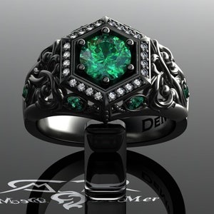 Unique emerald engagement ring in black gold. Art Deco halo and Victorian Gothic filigree scrollwork with ideal cut diamonds. Corvus Ring. image 2