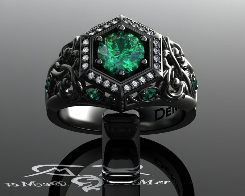 Unique emerald engagement ring in black gold. Art Deco halo and Victorian Gothic filigree scrollwork with ideal cut diamonds. Corvus Ring. image 2