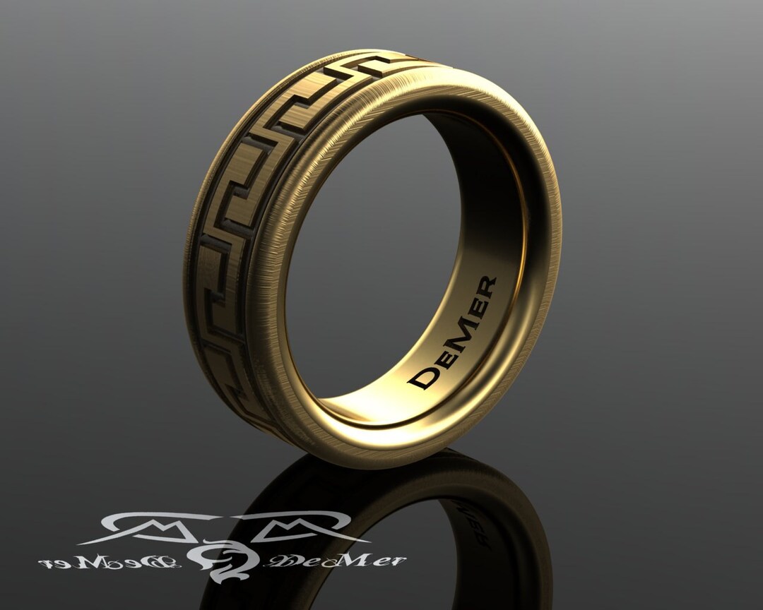 Greek Key, Heavy Gold Comfort Fit 8mm Wide Wedding Band