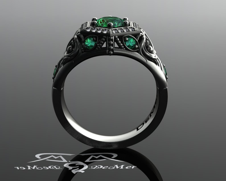 Unique emerald engagement ring in black gold. Art Deco halo and Victorian Gothic filigree scrollwork with ideal cut diamonds. Corvus Ring. image 5