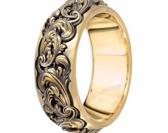 Heavy sculpted scroll work 10mm wide engraved wedding band in solid 14kt gold. Steampunk wedding ring style with Victorian floral damask.