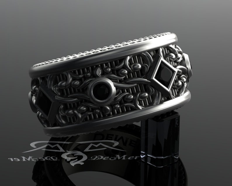 Black diamond mens eternity band. Wide sterling wedding band. Steampunk Victorian Gothic black gold ring with milgrain and engraving. Heavy. image 2