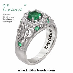 Unique emerald engagement ring in black gold. Art Deco halo and Victorian Gothic filigree scrollwork with ideal cut diamonds. Corvus Ring. image 1