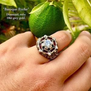 Men&#39;s 2ct Diamond & 1.33ct Ruby cocktail or engagement ring. Mangagement. 18kt Grey Gold, Black Rhodium. Heavy scroll work victorian gothic.