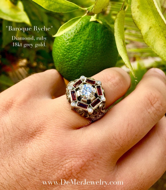 Men's 2ct Diamond & 1.33ct Ruby cocktail or engagement ring. Mangagement. 18kt Grey Gold, Black Rhodium. Heavy scroll work victorian gothic.