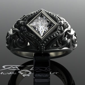 Princess diamond 14kt Black Gold Engagement Ring. Scrollwork filigree Gothic Victorian vintage. Unique intricate steampunk solitaire ring. image 2