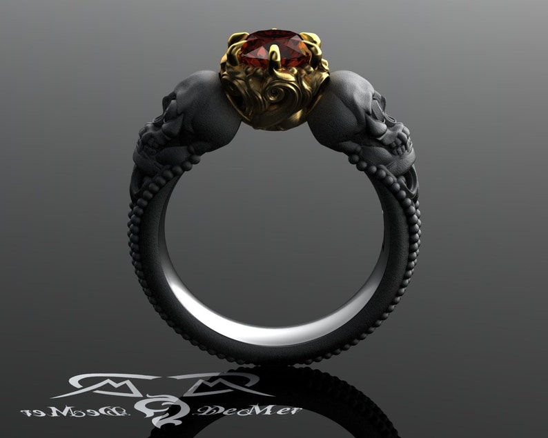 Skull engagement ring with red diamond in solid blackened 14kt gold. Gothic engagement ring. Shared breath. Spooky Jewelry. Amethyst Eyes image 2