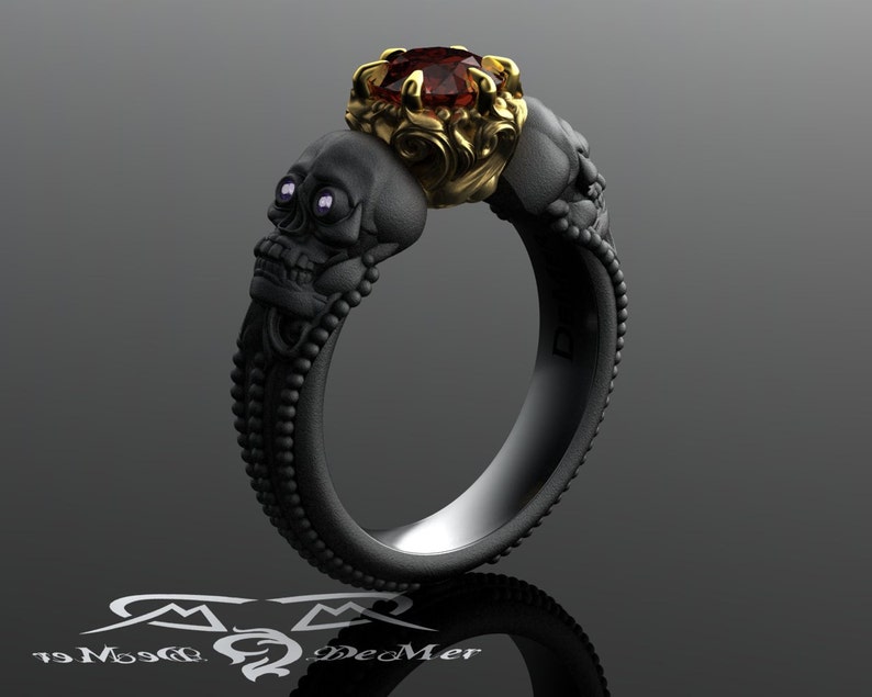 Skull engagement ring with red diamond in solid blackened 14kt gold. Gothic engagement ring. Shared breath. Spooky Jewelry. Amethyst Eyes image 1