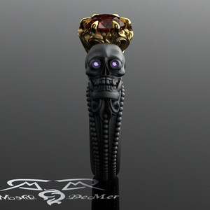 Skull engagement ring with red diamond in solid blackened 14kt gold. Gothic engagement ring. Shared breath. Spooky Jewelry. Amethyst Eyes image 3