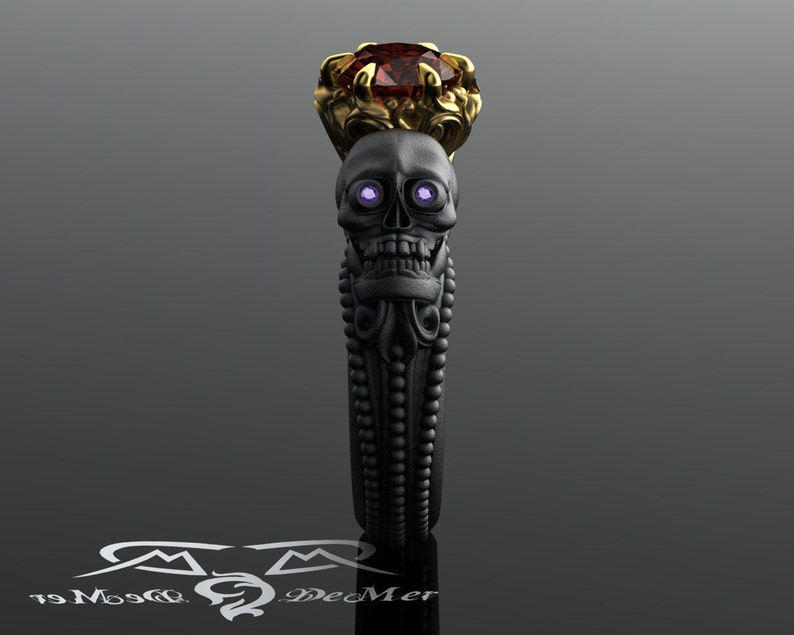 Skull engagement ring with red diamond in solid blackened 14kt gold. Gothic engagement ring. Shared breath. Spooky Jewelry. Amethyst Eyes image 3