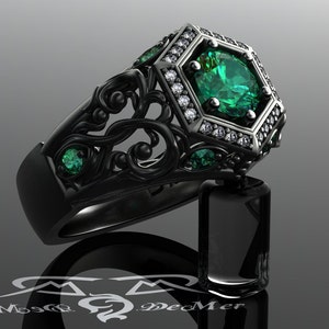 Unique emerald engagement ring in black gold. Art Deco halo and Victorian Gothic filigree scrollwork with ideal cut diamonds. Corvus Ring. image 3