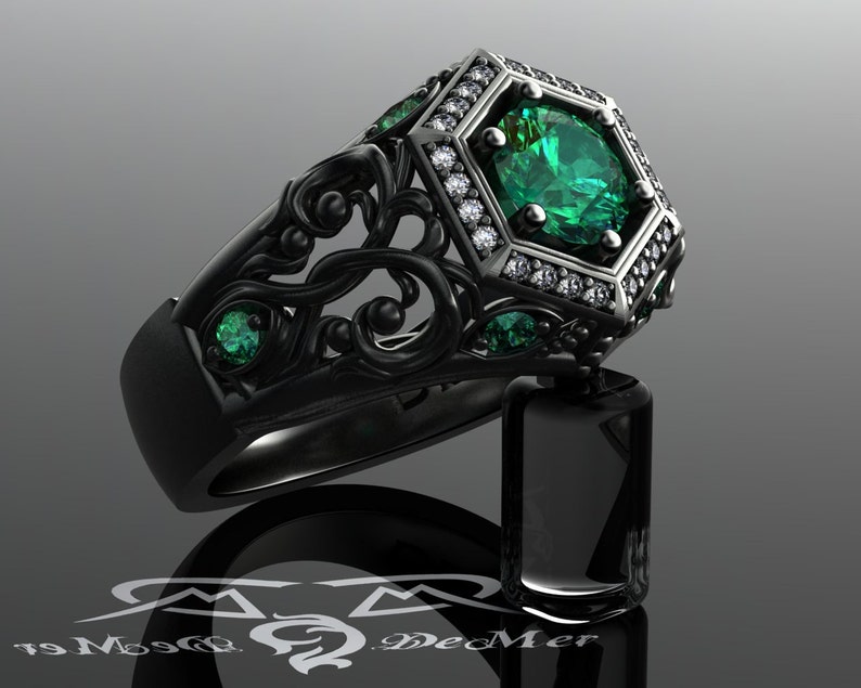 Unique emerald engagement ring in black gold. Art Deco halo and Victorian Gothic filigree scrollwork with ideal cut diamonds. Corvus Ring. image 3