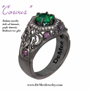 Unique emerald engagement ring in black gold. Art Deco halo and Victorian Gothic filigree scrollwork with ideal cut diamonds. Corvus Ring. image 7