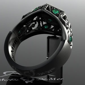 Unique emerald engagement ring in black gold. Art Deco halo and Victorian Gothic filigree scrollwork with ideal cut diamonds. Corvus Ring. image 4