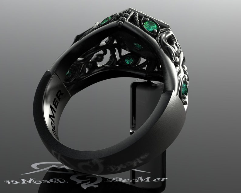 Unique emerald engagement ring in black gold. Art Deco halo and Victorian Gothic filigree scrollwork with ideal cut diamonds. Corvus Ring. image 4